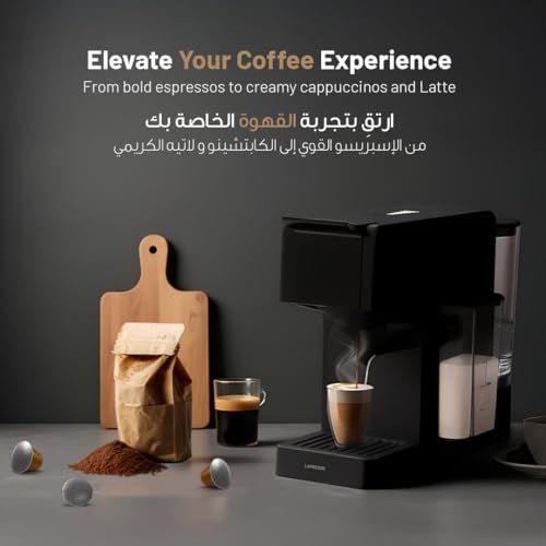 LePresso Crema Pro Black coffee machine with 20 Bar Pump Pressure, multi-capsule, on a countertop w…