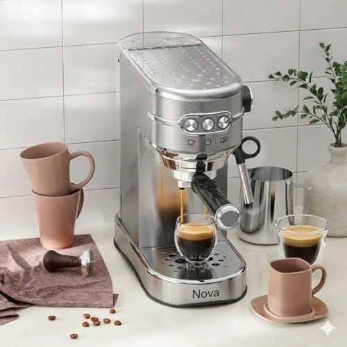 NOVA 20-Bar Espresso Machine, stainless steel, with cups and coffee beans, dispensing espresso into…