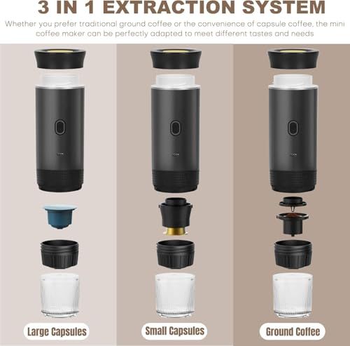 Portable green coffee machine with large capsules, small capsules, and ground coffee options, showc…