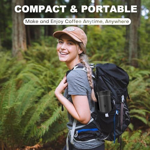 Woman with backpack and 3-in-1 Portable Coffee Machine Green on hiking, enjoying outdoor coffee wit…