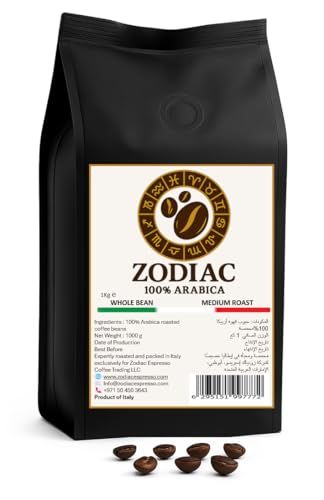 Zodiac Arabica Espresso Beans 1kg bag with coffee beans, black packaging, white label, 100% Arabica…