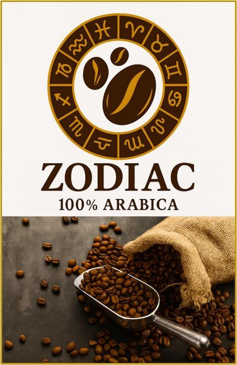 Zodiac Arabica Espresso Beans 1kg bag with coffee beans and scoop on a rustic surface, featuring 10…