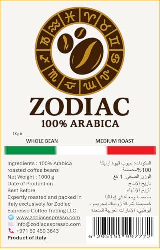 Zodiac Arabica Espresso Beans 1kg, 100% Arabica medium roast whole bean coffee, Italian product lab…