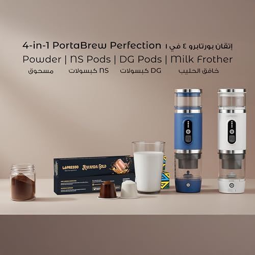 LePresso Portable espresso machines, 4-in-1, blue and white, with coffee pods, milk frother, and gr…