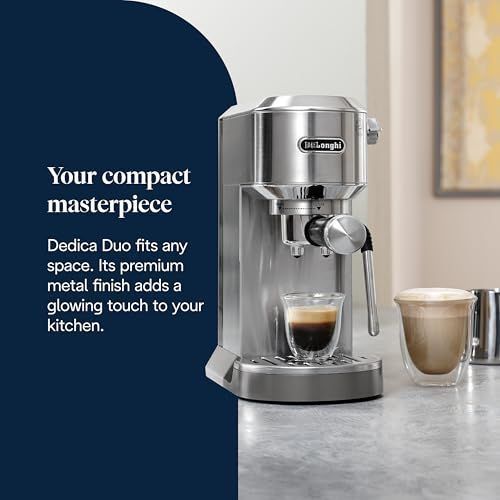 De'Longhi Dedica Duo EC890 Metal espresso machine with stainless steel finish, glass cups of coffee…