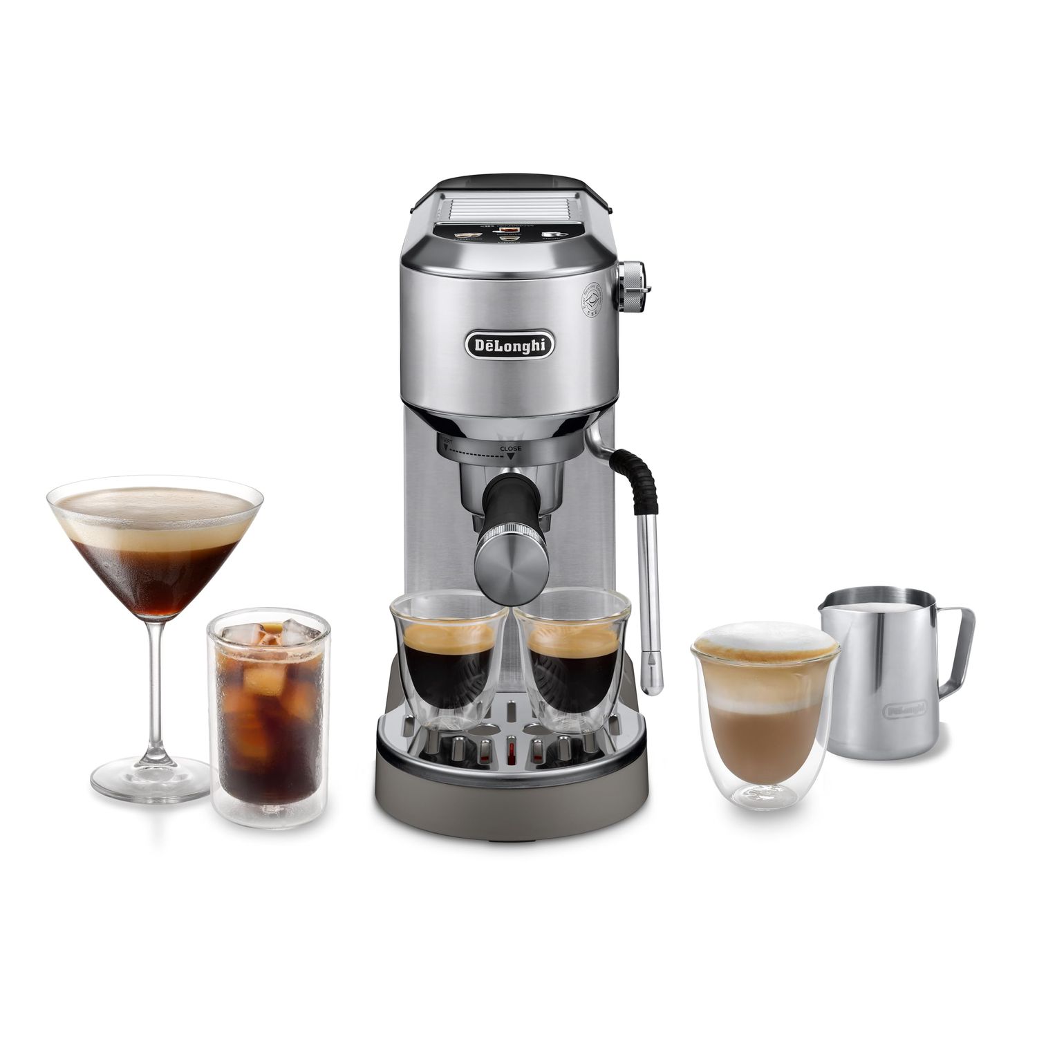 De'Longhi Dedica Duo EC890 Metal espresso machine with glasses of coffee drinks and pitcher on whit…