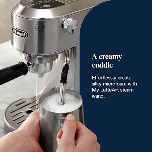 De'Longhi Dedica Duo EC890 Metal espresso machine with steam wand frothing milk, hands holding cup,…