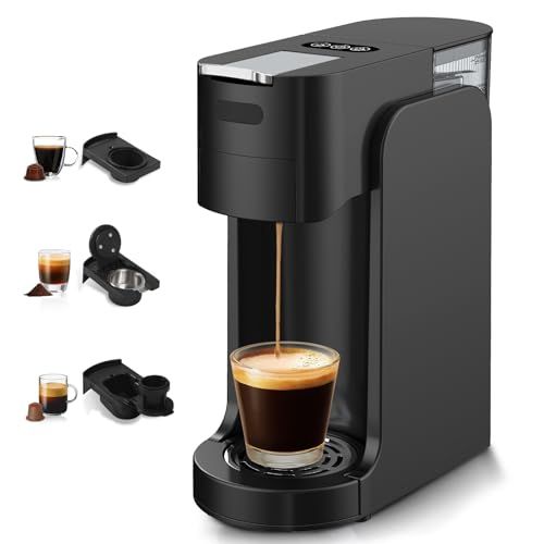 Black 3-in-1 Automatic Capsule Machine dispensing coffee into a glass cup with coffee capsules and …