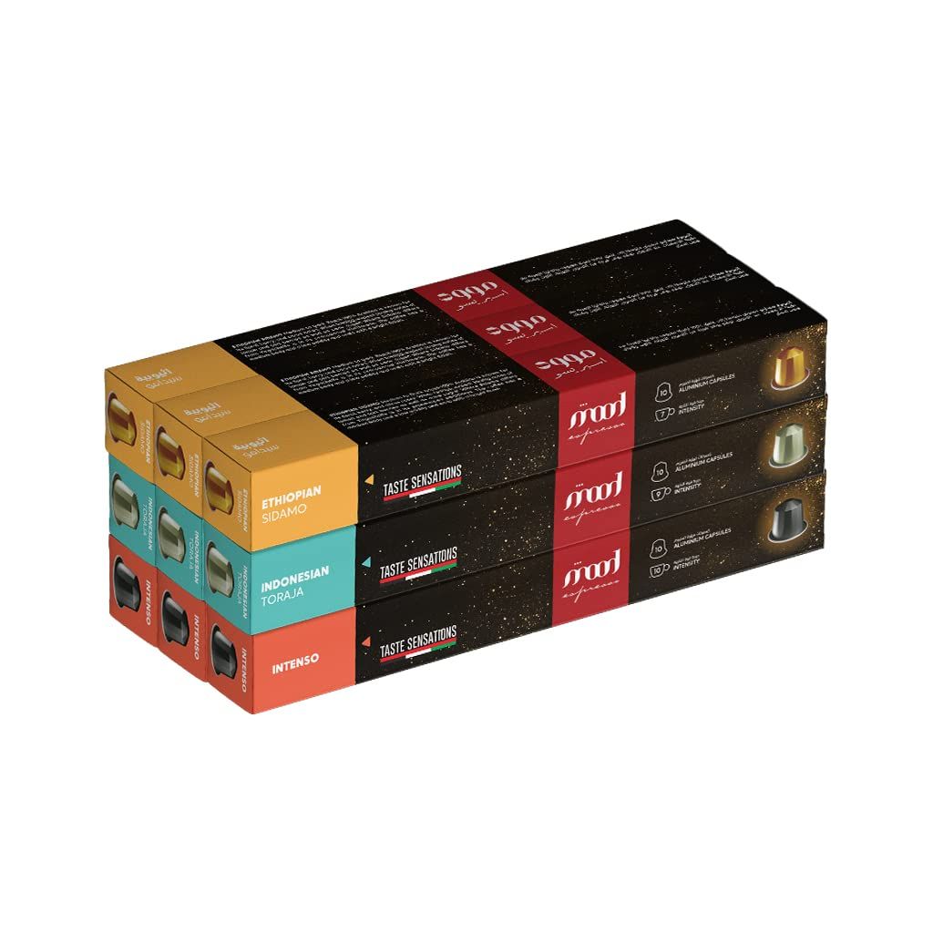 Mood Espresso - Nespresso Compatible Capsules (3 Flavors: Intenso, Indonesian Toraja, Ethiopian Sidamo), Pack of 9 (90 Capsules)