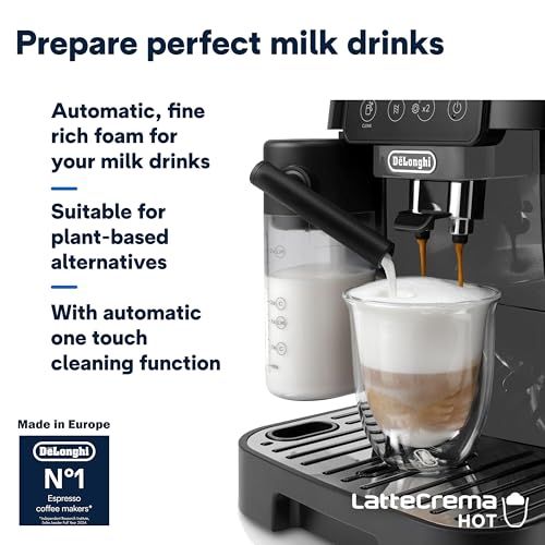 De'Longhi Magnifica Start ECAM222 Black Grey espresso machine with glass cup under spout, dispensin…