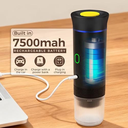 Black 3-in-1 Portable Coffee Machine with rechargeable battery and charging options on a wooden sur…