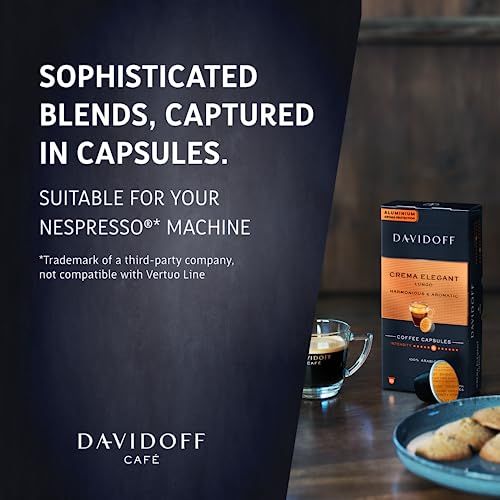 Davidoff Crema Elegant Lungo Nespresso 10 coffee capsules on a wooden table with a cup and plate be…
