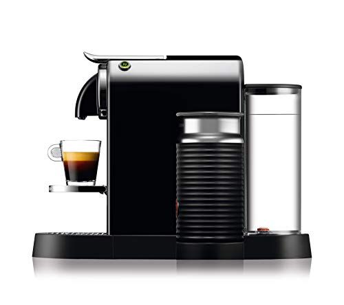 De'Longhi Citiz EN267 Black coffee machine with built-in milk frother, sleek design, and glass of e…