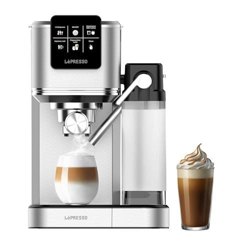 LePresso Espresso Coffee Machine with built-in frother, stainless steel, 20 bar, dispensing espress…
