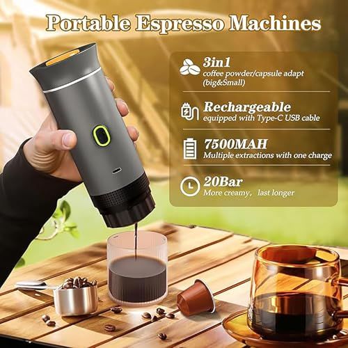 Hand holding gray 3-in-1 portable espresso machine, with a green button, pouring coffee into a clea…