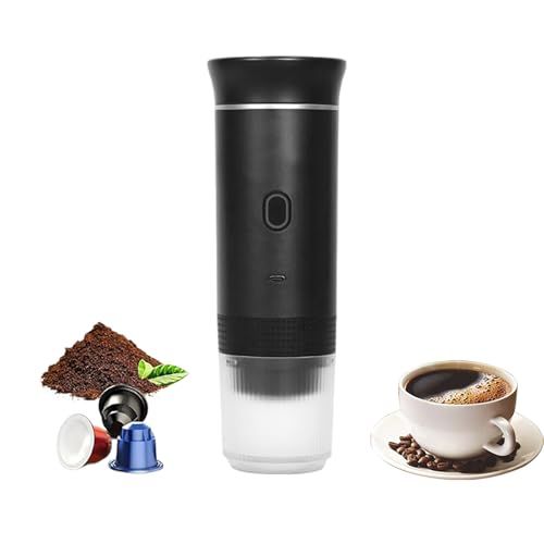 Black 3-in-1 Portable Capsule Machine with clear bottom, coffee pods, grounds, and cup on saucer, s…