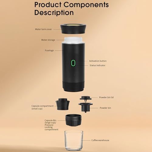 Black 3-in-1 Portable Capsule Machine, exploded view showing components including water tank, fusel…