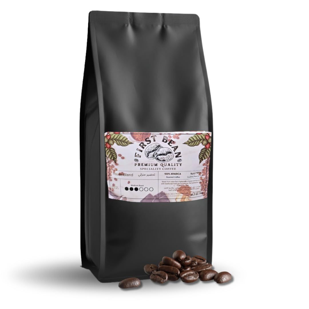 First Bean Medium Roast House Blend 1kg coffee bag with brown coffee beans, featuring a black bag a…