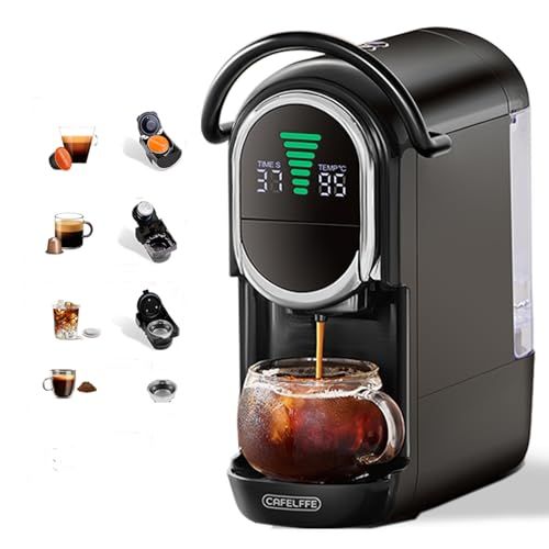 Cafelffe MK-609S 4-in-1 espresso machine, black, Cold/Hot Brew, dispensing coffee into a glass mug …