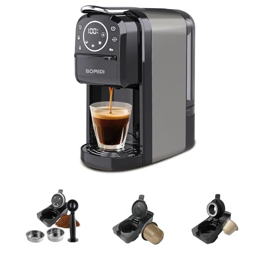 Black BOMIDI 3-in-1 coffee machine with digital display, pouring coffee into a glass cup, with inte…