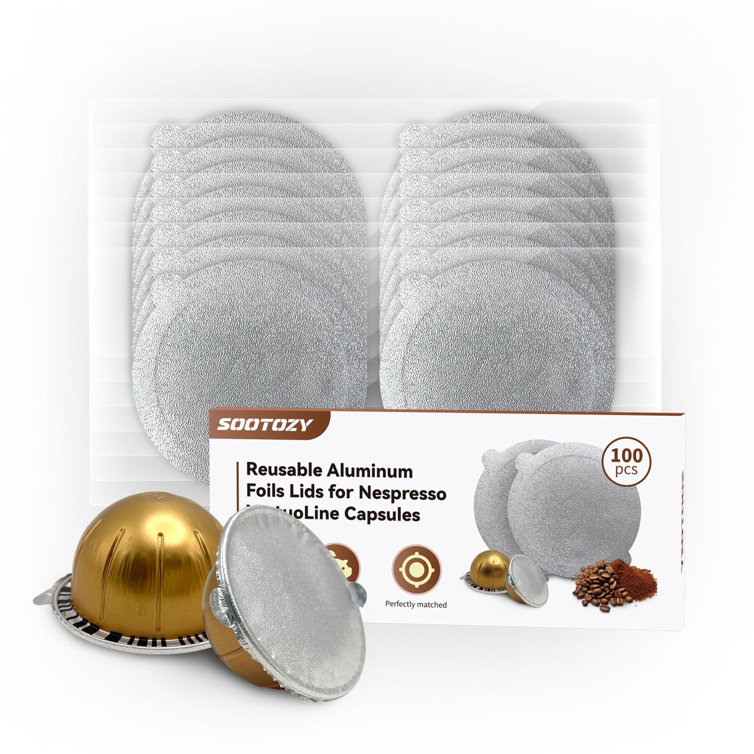 Reusable Pods for Nespresso Capsules VertuoLine, 100pcs Refillable Aluminum Covers Foil Seals Lids …