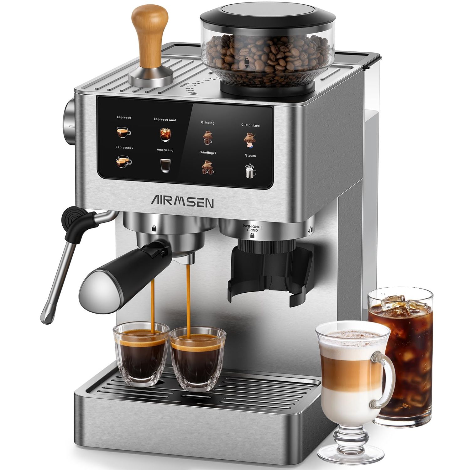 AIRMSEN Espresso Machines with Burr Grinder, 20 Bar, Milk Frother Steam Wand, Stainless Steel Coffe…