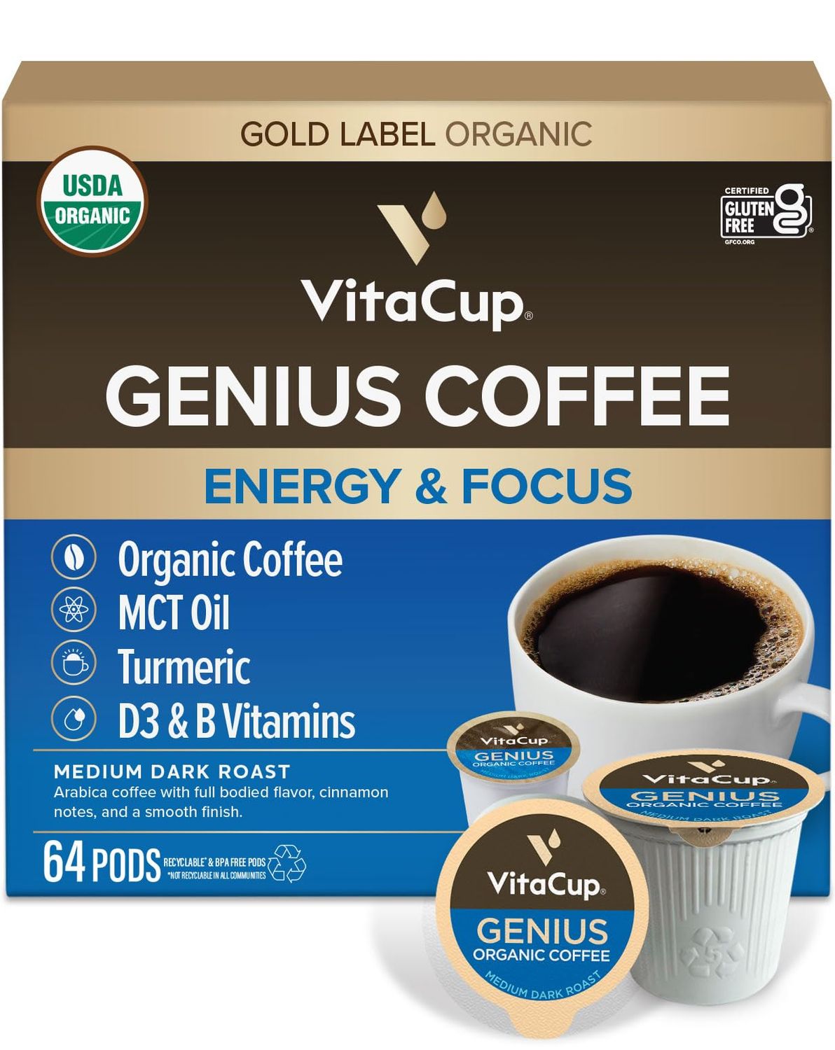 VitaCup Organic Genius Keto Coffee Pods, Increase Energy &amp; Focus w/MCT Oil, Turmeric, B Vitamins, D…