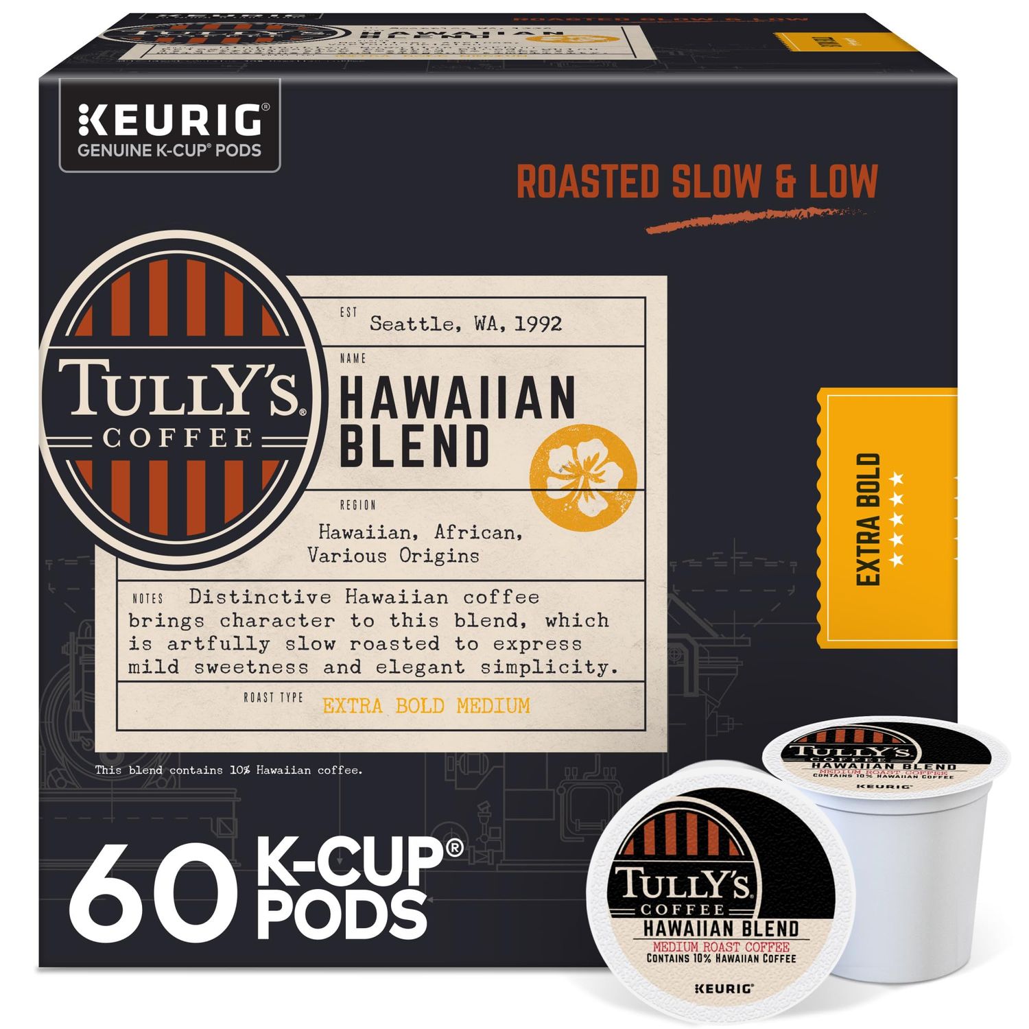 Tully's Coffee Hawaiian Blend, Keurig Single Serve K-Cup Pods, Medium Roast, 60 Count, (6 Packs of …