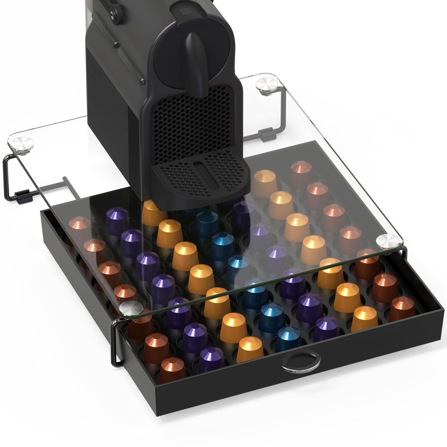 Deco Brothers Crystal Tempered Glass OriginalLine Pod Holder Drawer, 49 Capsule Organizer, Black