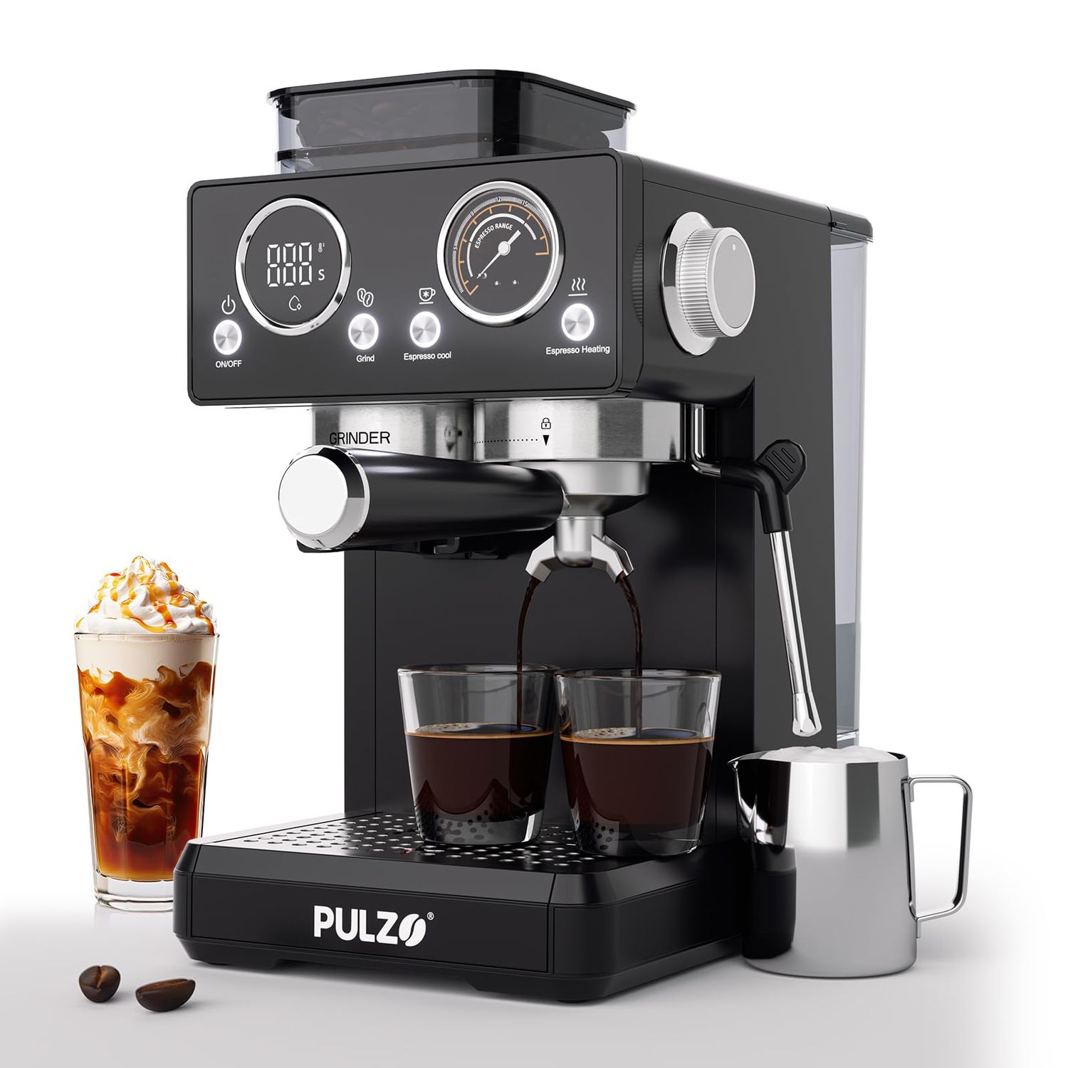 PULZO Espresso Machine with Grinder, 20 Bar All-in-One Coffee Maker with Milk Steam Wand/Frother，Pr…