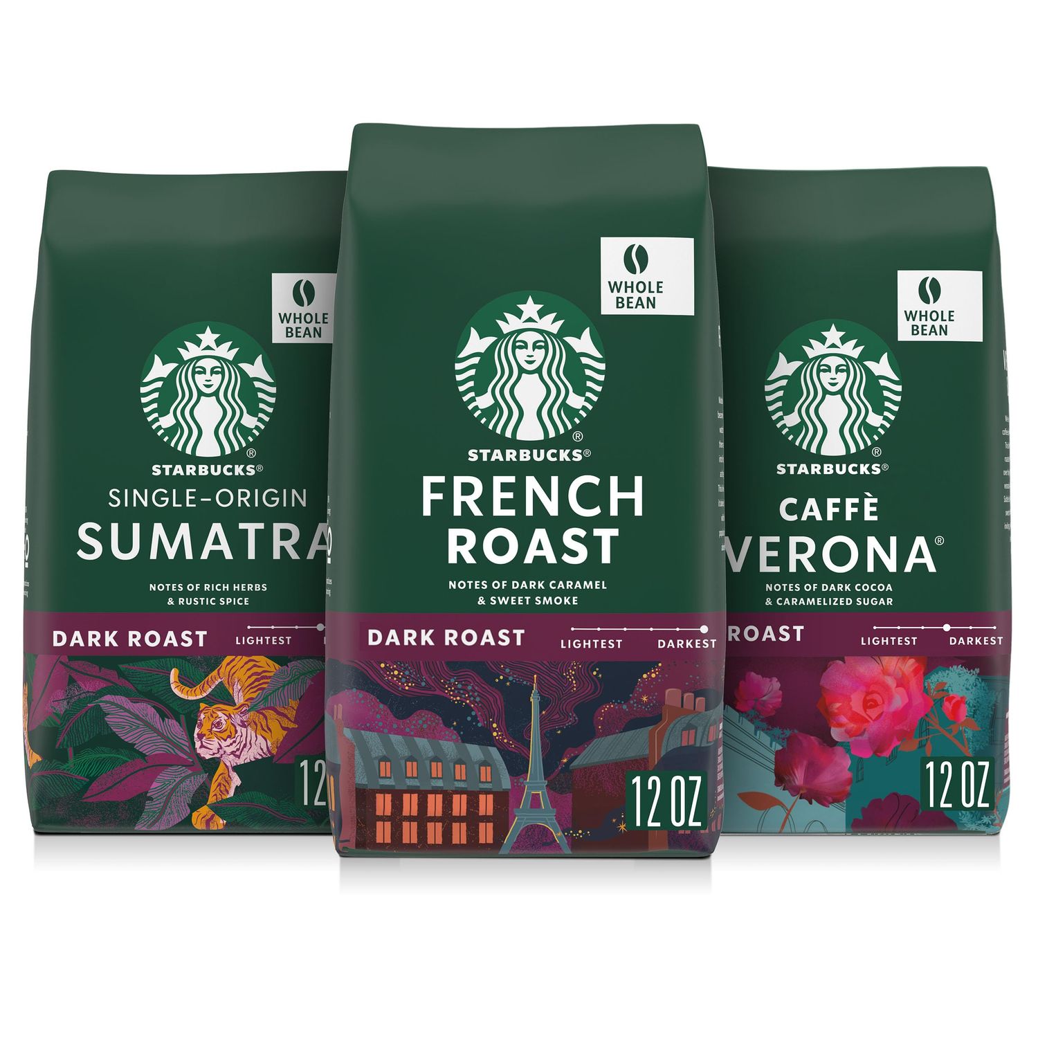 Starbucks Whole Coffee Beans, Dark Roast Hot or Iced Coffee, Variety Pack, Three 12 oz Bags​
