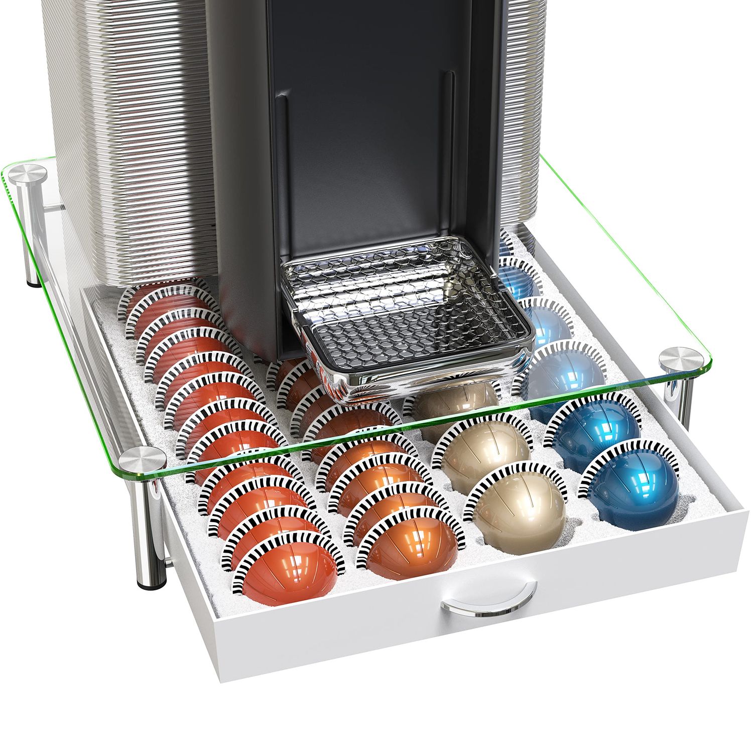 DecoBrothers Crystal Tempered Glass Vertuo Pod Holder Drawer, 24 Large or 48 Small Nespresso Capsul…