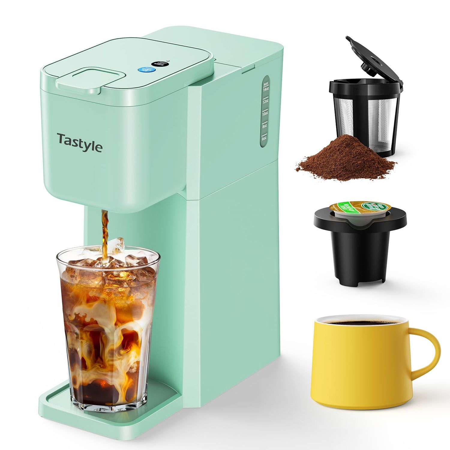 Tastyle Mini Hot and Iced Coffee Maker Single Serve, for K Cup and Ground, 6 to 14 Oz Brew Sizes, w…