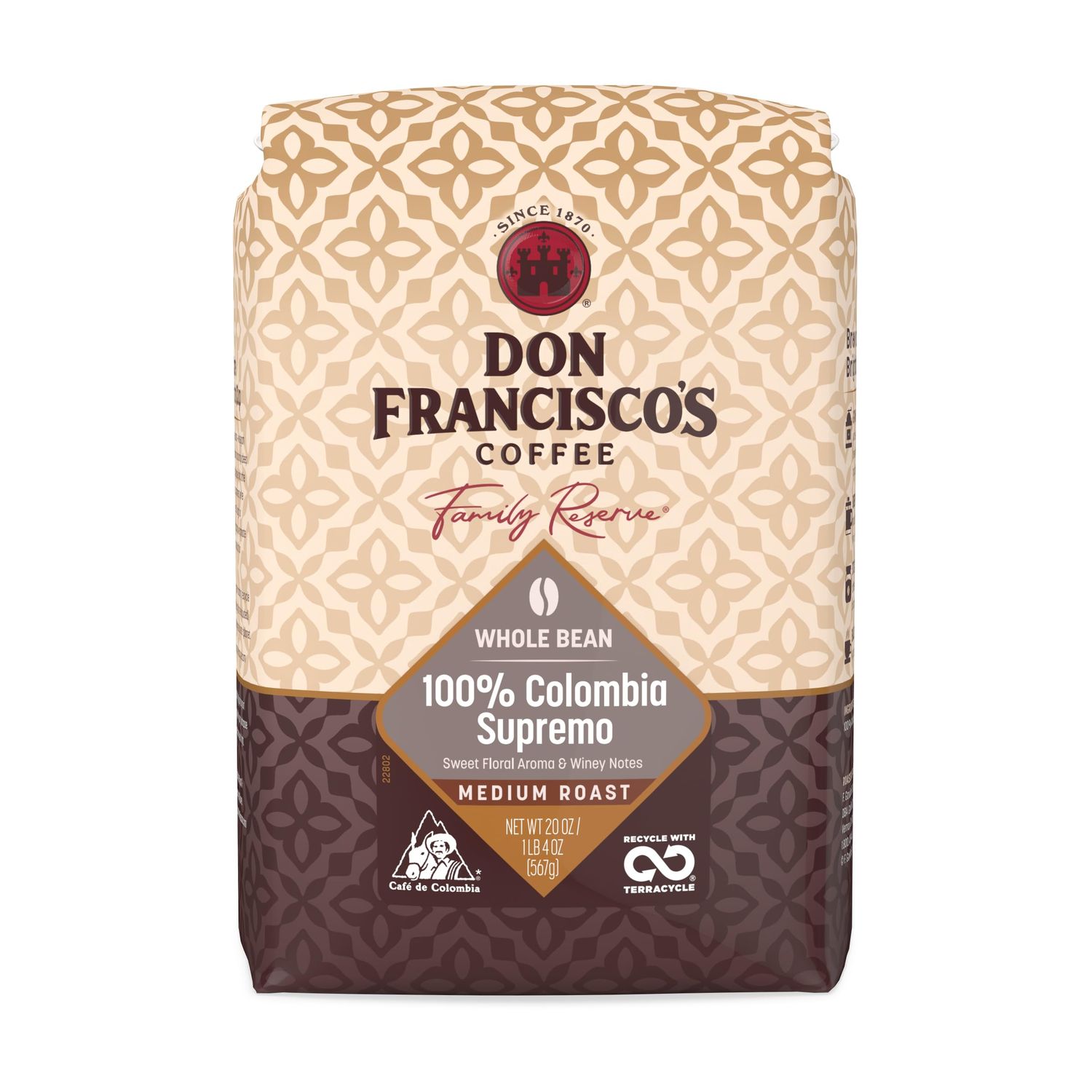 Don Francisco's 100% Colombia Supremo Whole Bean Coffee, Medium Roast – 100% Arabica Coffee, 20 oz …