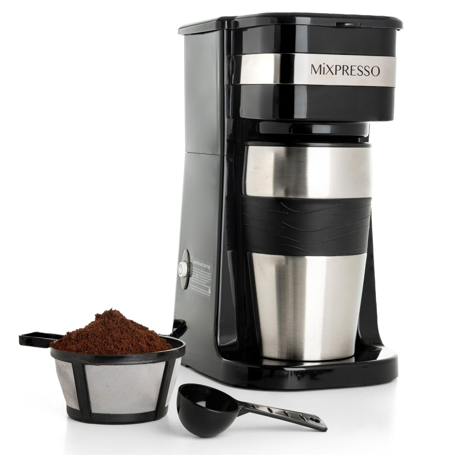 Mixpresso Black Personal Single Serve Coffee Maker with 14oz Travel Mug, Drip Small Coffee Maker wi…