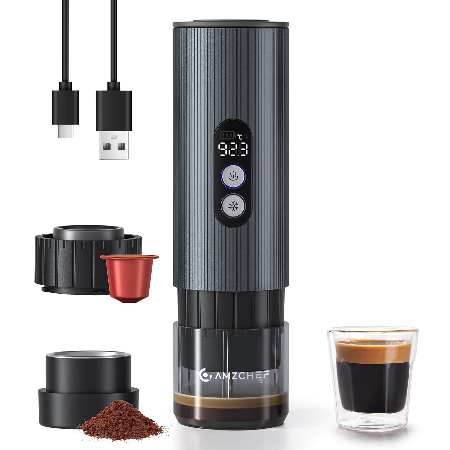 AMZCHEF Portable Coffee Maker Rechargeable w/ 9000mAh Battery, 2-in-1 Travel Espresso Maker for Gro…