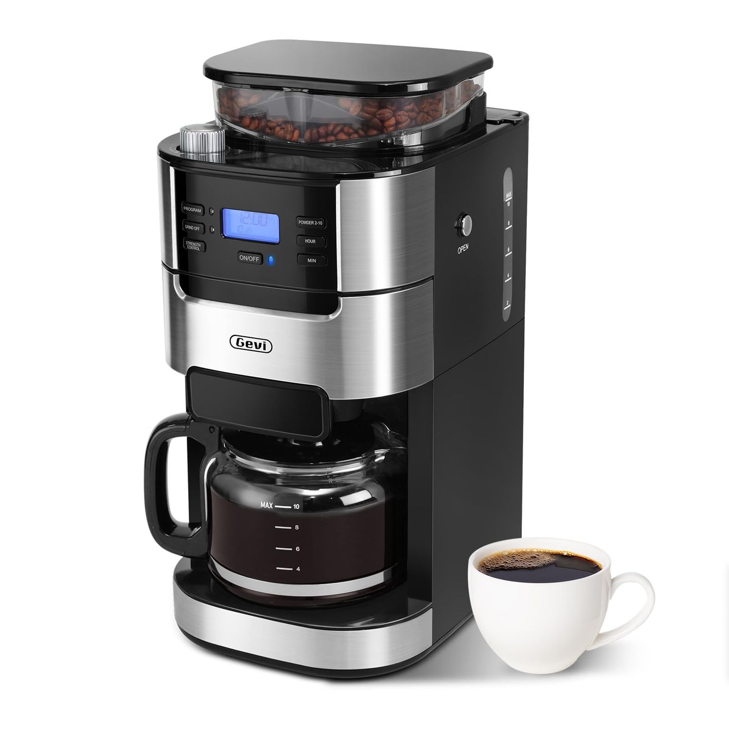 Gevi 10-Cup Drip Coffee Maker with Built-in Burr Grinder &amp; Programmable Timer, 1.5L Water Tank, Aut…