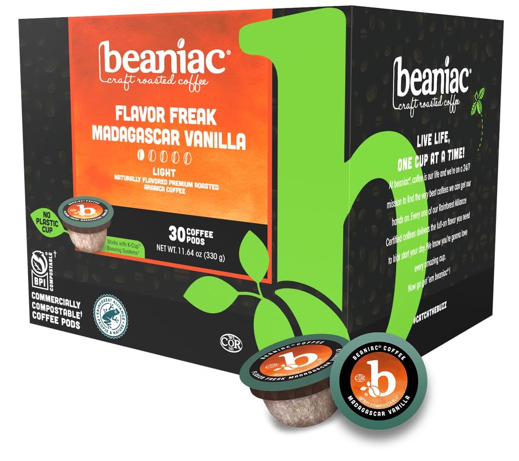beaniac Organic Bean Me Up Coffeehouse Blend, Medium Roast, Single Serve Compostable K Cup Coffee P…