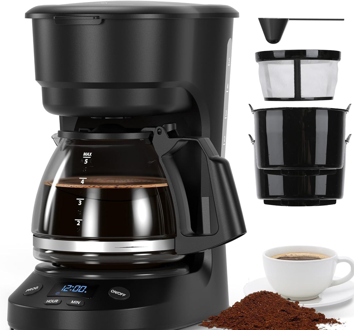 Electactic 5 Cup Programmable Drip Coffee Maker, 24H Delay Brew, 2H Keep Warm &amp; Auto Shut Off, Paus…