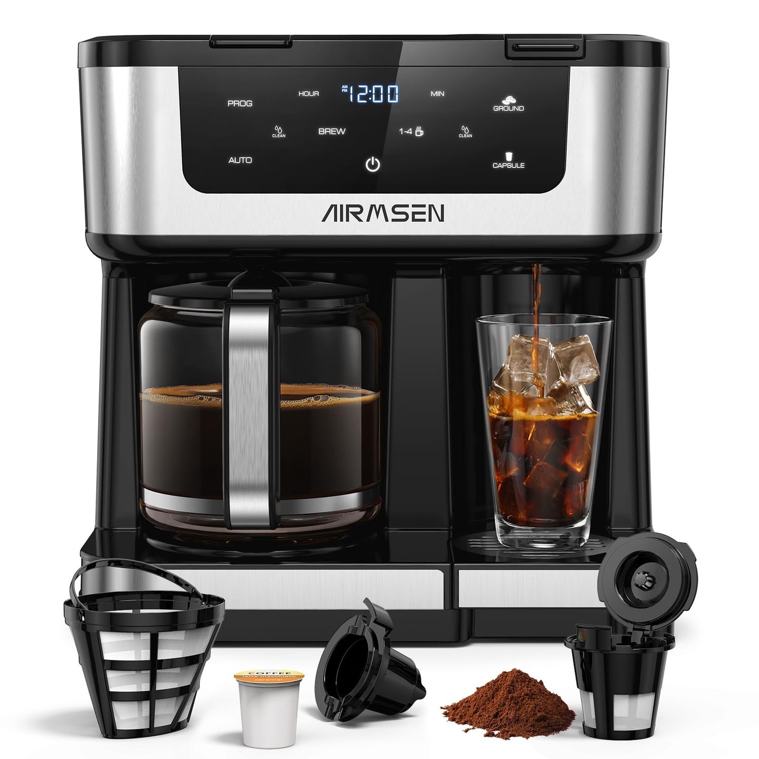 AIRMSEN 12-Cup Programmable Dual Coffee Maker – Single Serve Machine for K-Cup Pods &amp; Ground, 1000W…