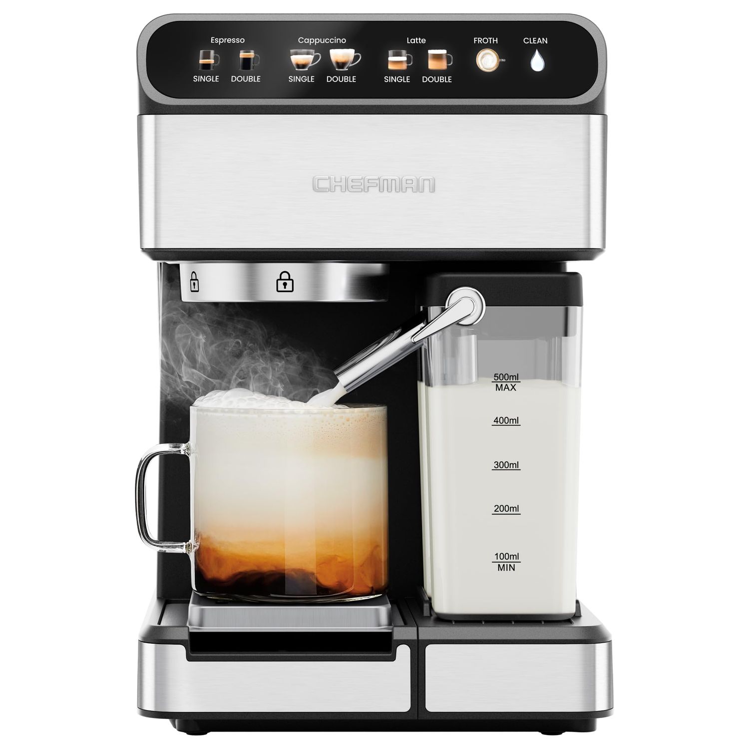 Chefman CaféMaster Pro Espresso Machine, Brew Single or Double Shots, Coffee Maker with Built-In Mi…