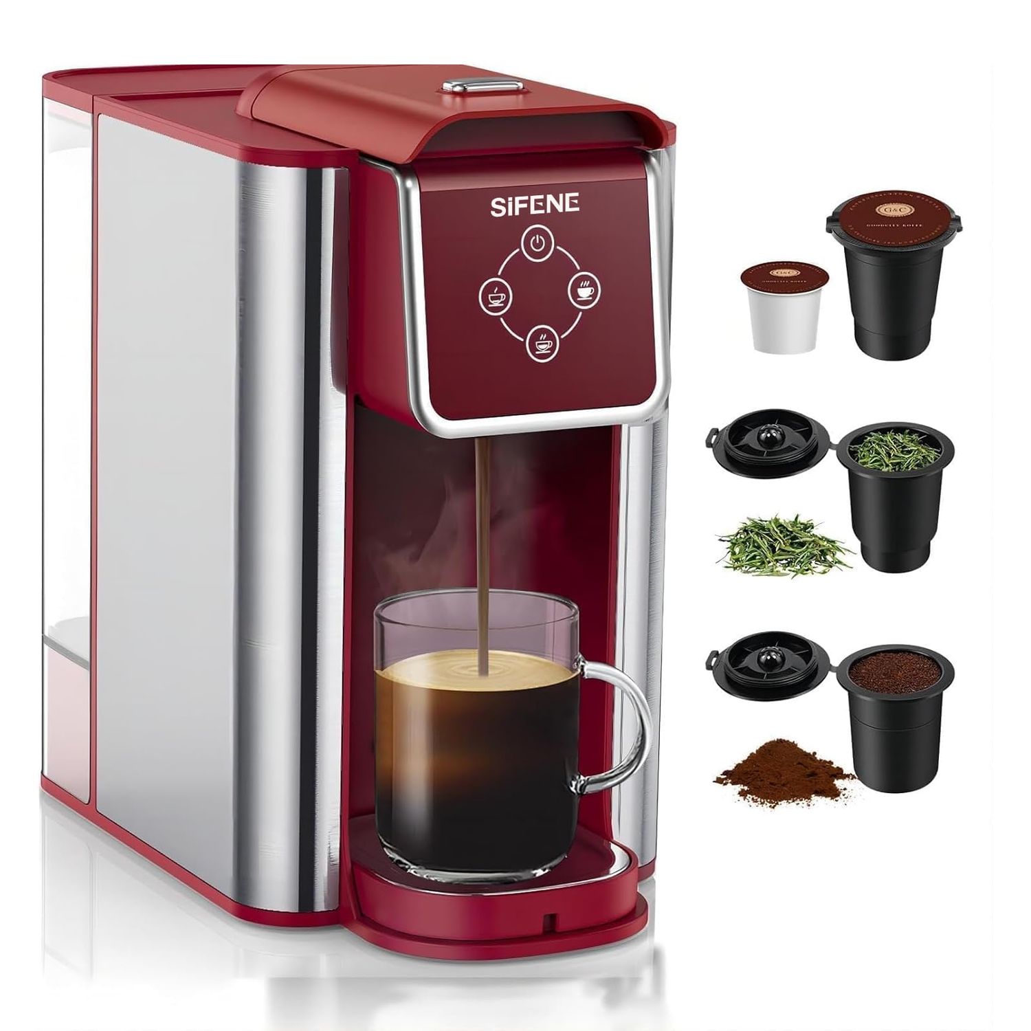 SIFENE Single Serve Coffee Machine, 3-in-1 Pod Coffee Maker for K-Pod Capsule, Ground Coffee, and L…