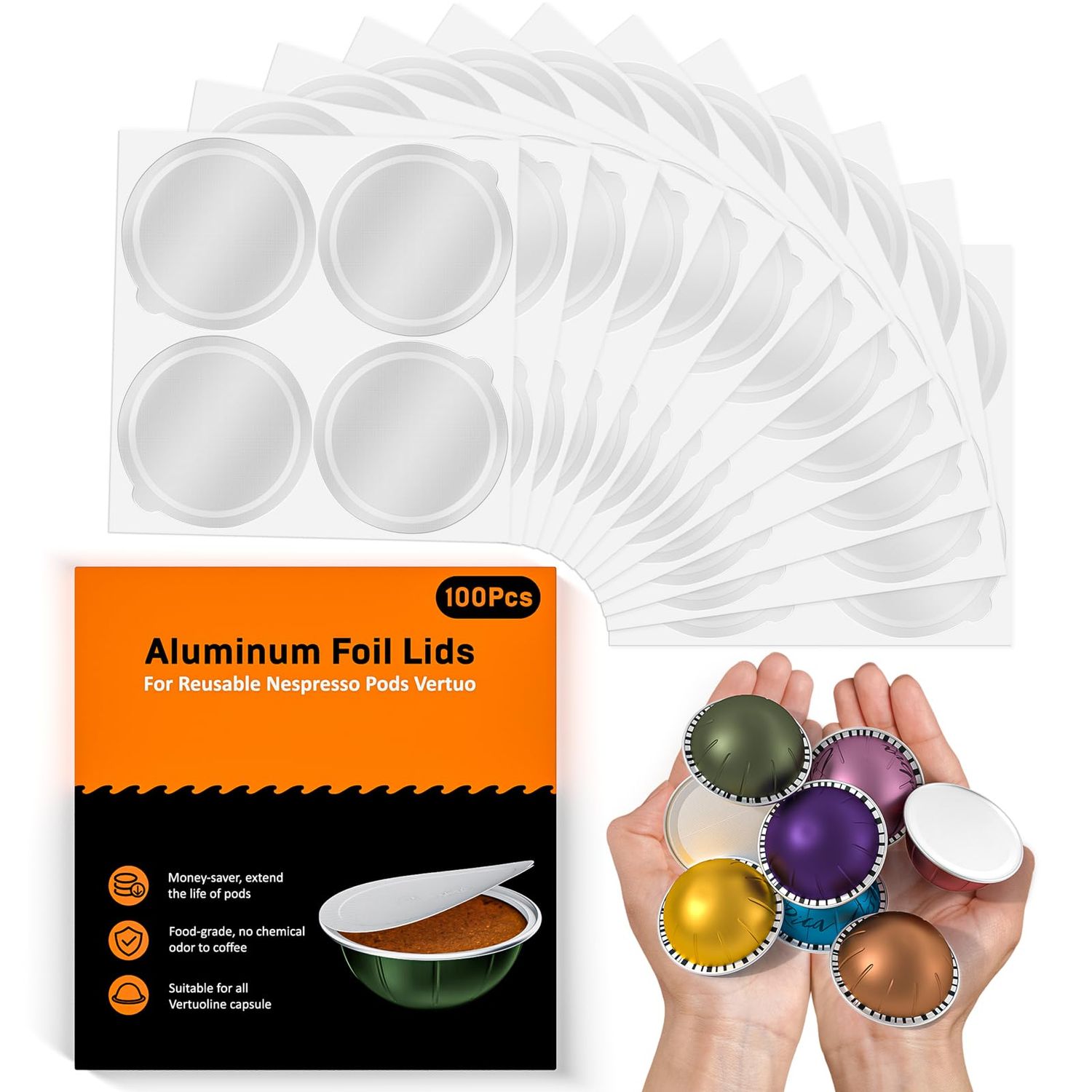 Aluminum Foil Lids for Reusable Nespresso Vertuo Pods, 100 PCS Reusable Foil Seal Cover for Refill …