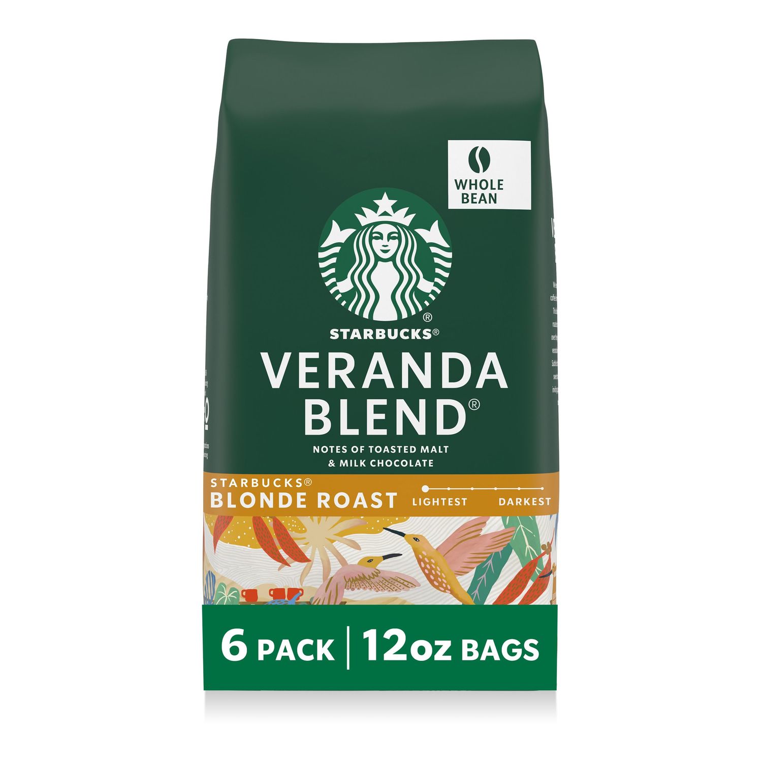 Starbucks Whole Coffee Beans, Starbucks Blonde Roast Hot or Iced Coffee, Veranda Blend, Six 12 oz B…