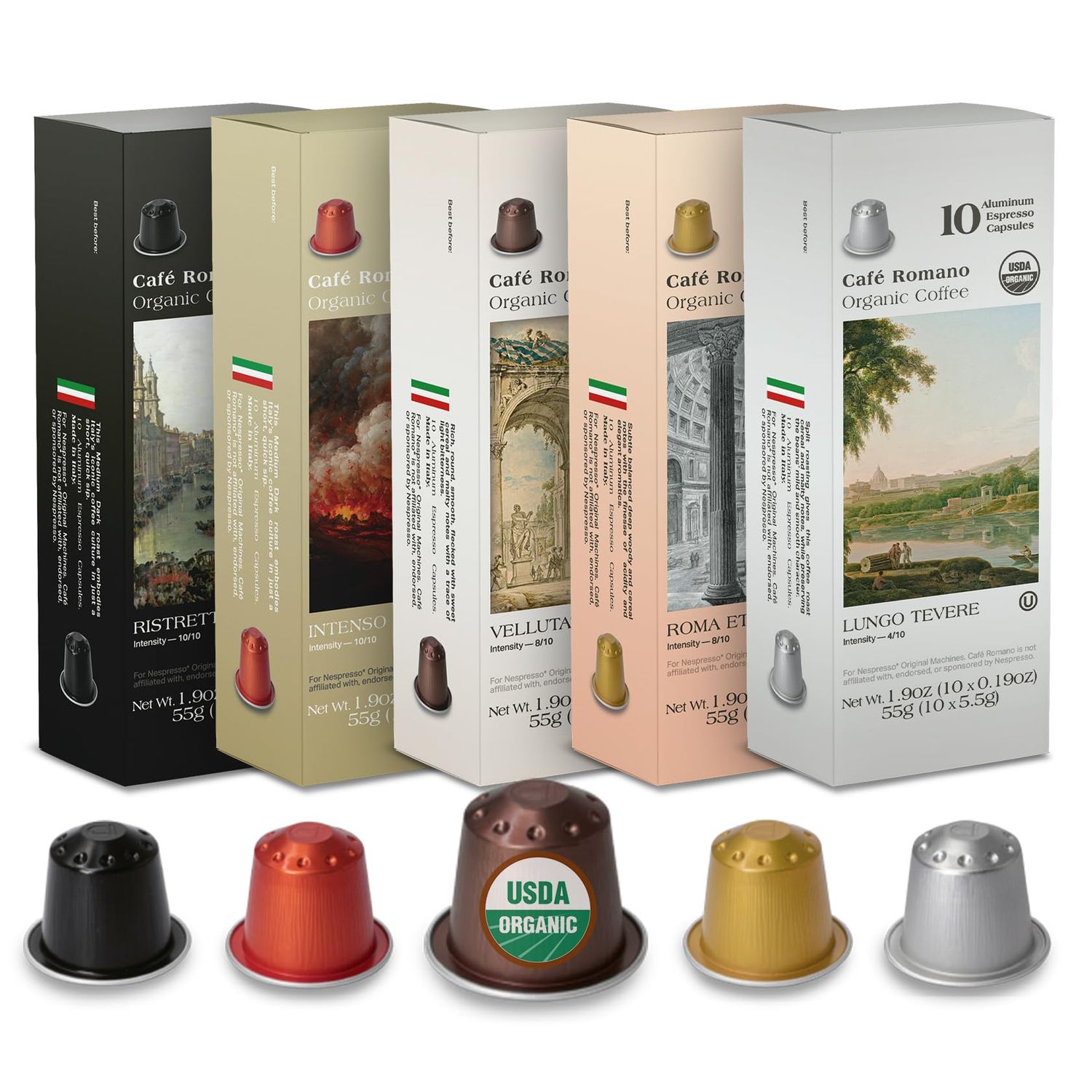 Organic USDA Café Romano Coffee Aluminum Espresso Pods For Nespresso Original Machine 100 Pack Ital…