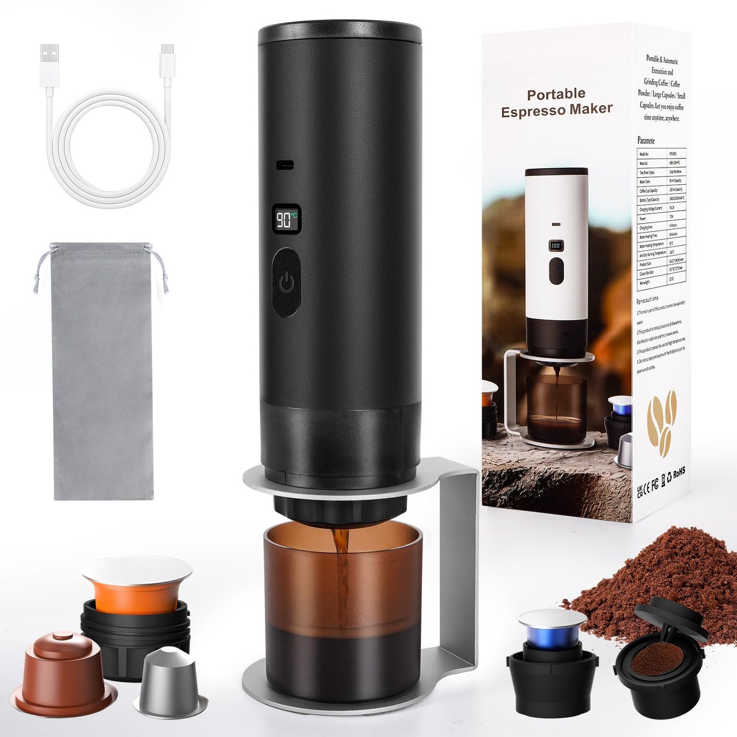 Portable 3-IN-1 Nano Car Coffee Maker for Large Capsules, Small Capsules, Ground Coffee, 7800mAh, E…