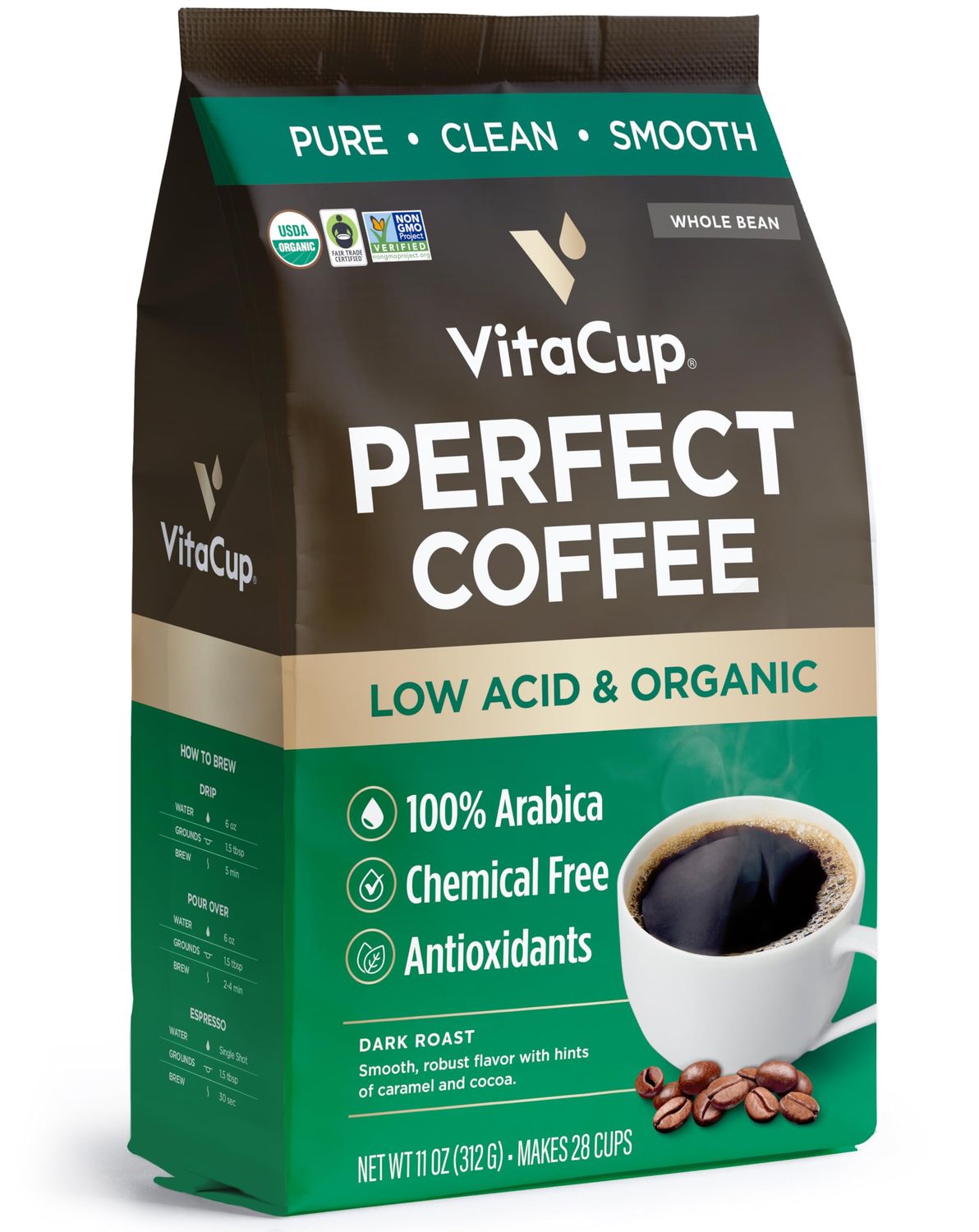 VitaCup Perfect Low Acid Coffee Beans, USDA Organic &amp; Fair Trade, Mycotoxin Free, Dark Roast Guatem…