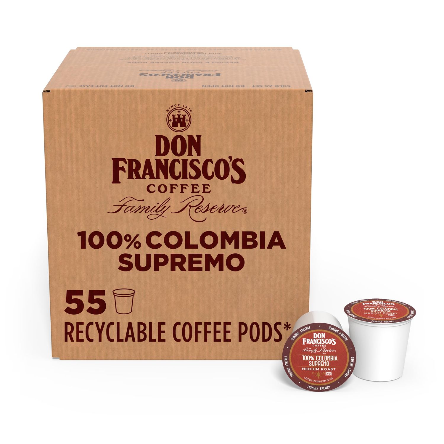 Don Francisco's 100% Colombia Supremo Coffee Pods, 55 Count, Medium Roast, Compatible with Keurig B…