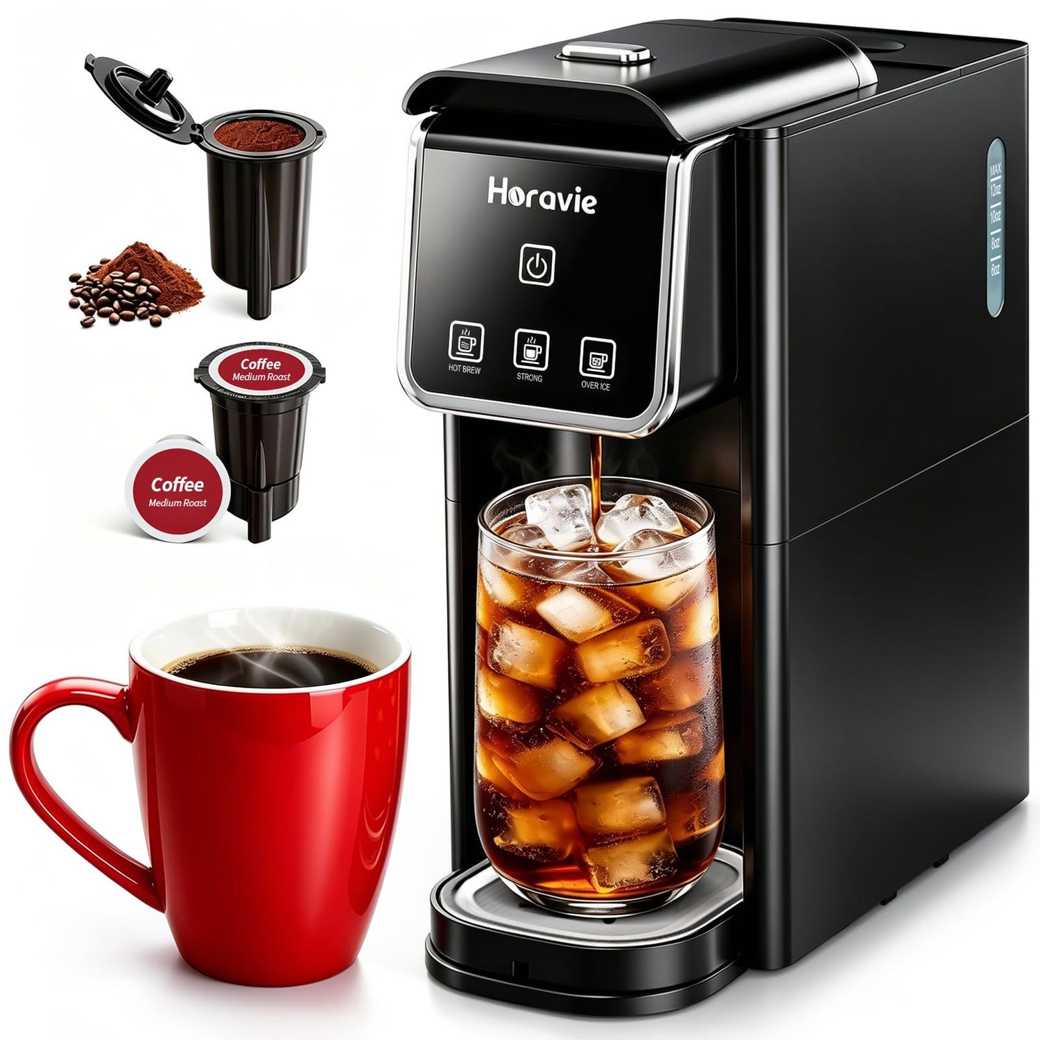 Horavie Hot and Iced Single Serve Coffee Maker, for K-Pod and Grounds, Strong Brew Setting, 6-12 Oz…