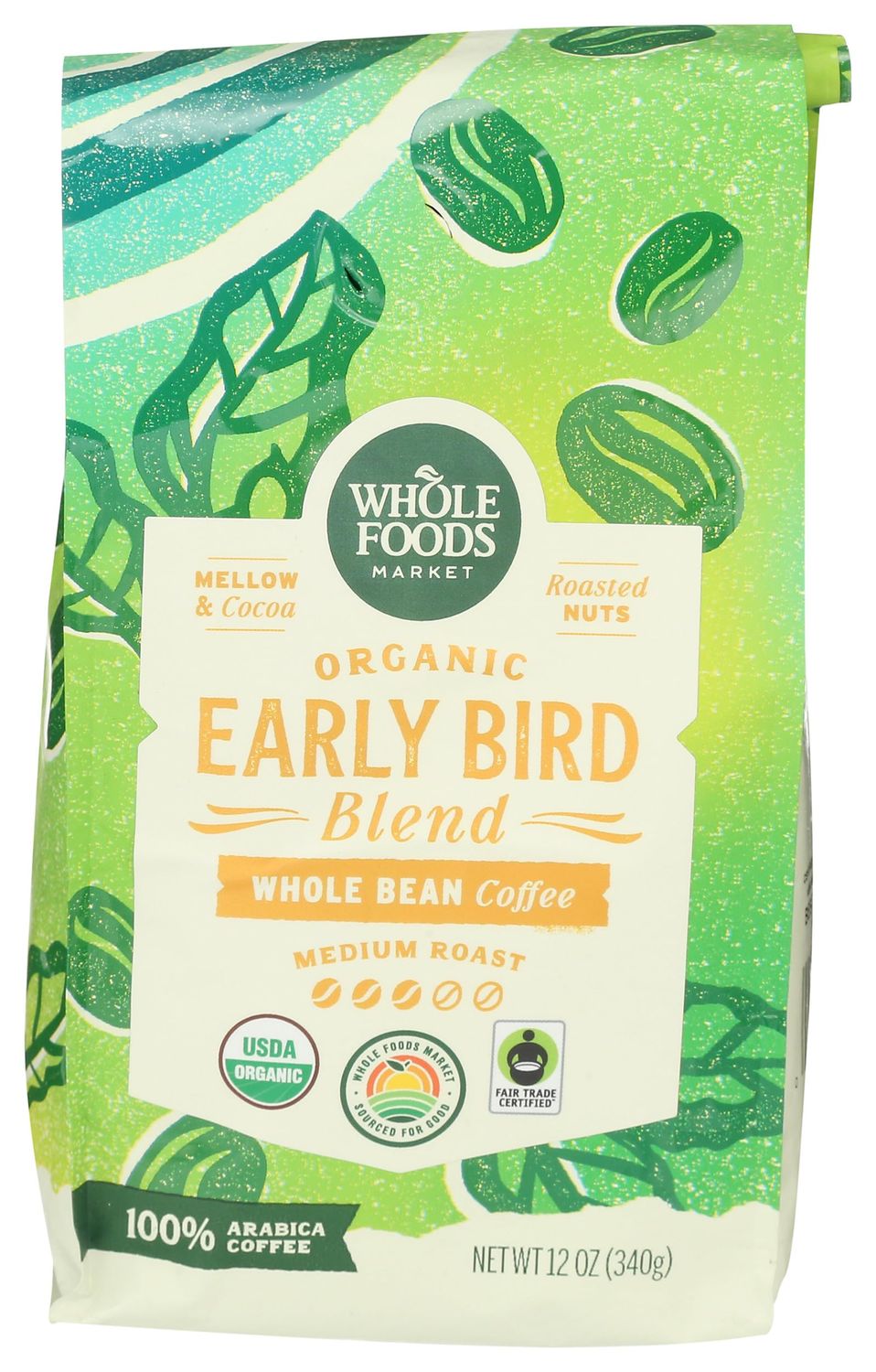 Whole Foods Market, Organic Early Bird Blend, Medium Roast Whole Bean Coffee, Cocoa &amp; Roasted Nuts,…